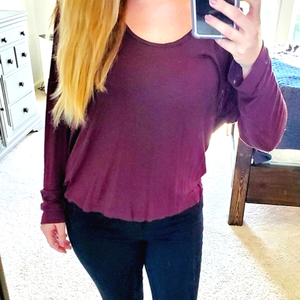 Madewell Burgundy Scoop Neck Lightweight Long Sleeve Pocket Tee Shirt | Medium